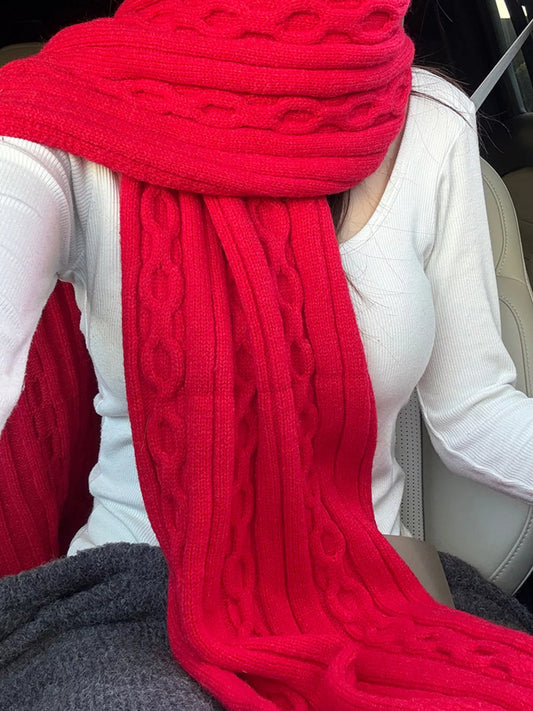 Textured Knit Winter Scarf - Red One Size