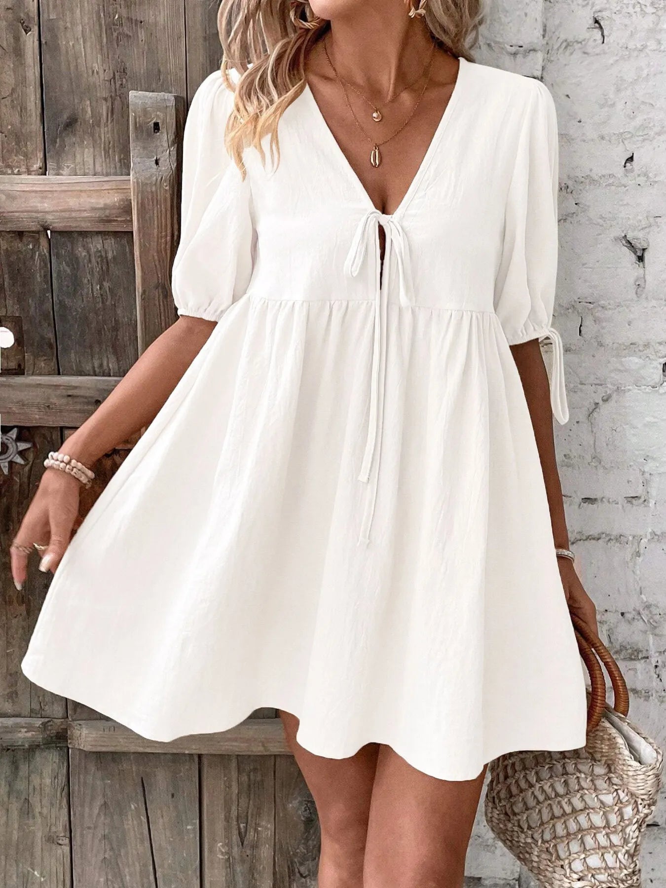 V-Neck Puff Sleeves Mini Dress -