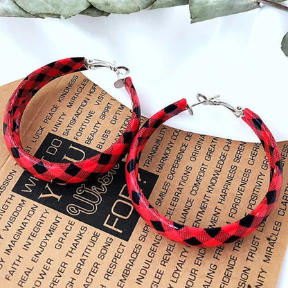 Plaid PU Leather Hoop Earrings - Red One Size