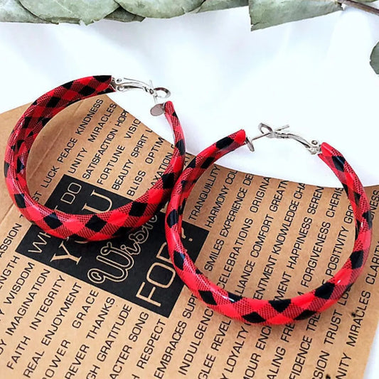 Plaid PU Leather Hoop Earrings - Red One Size
