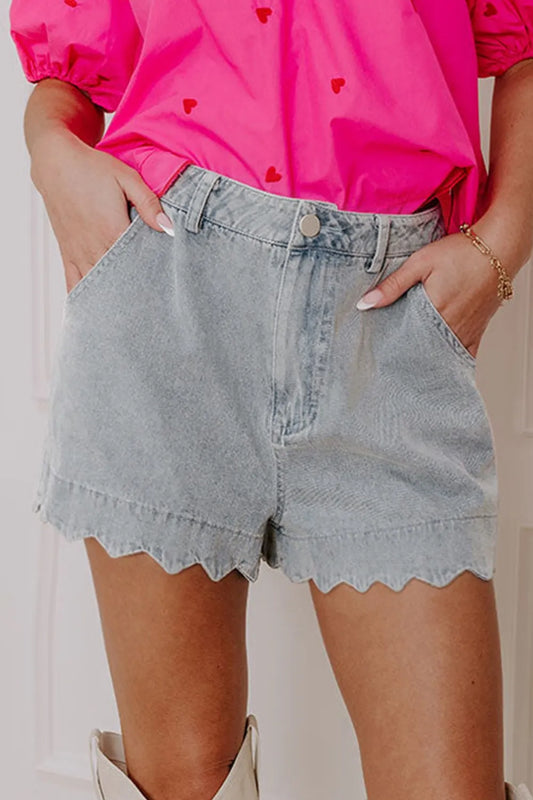 Scalloped Hem Denim Shorts - Light Blue