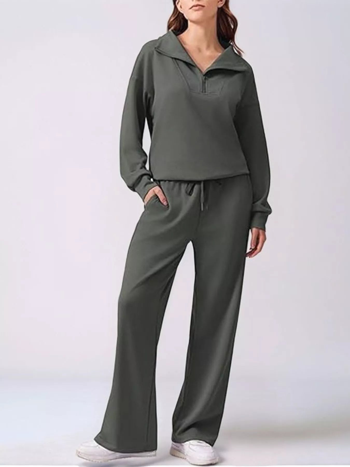 Relaxed Fit Quarter-Zip Top and Pants Set - Dark Gray