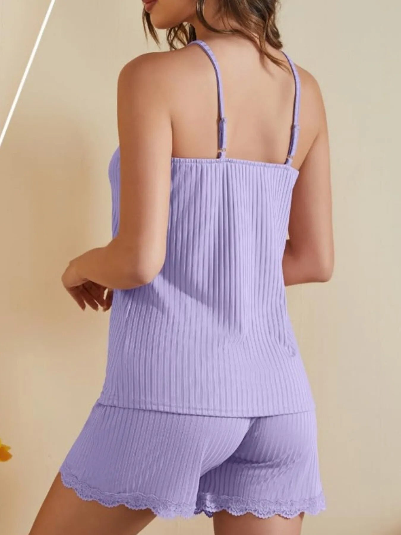 Lace-Trimmed Ribbed Cami and Shorts Lounge Set -