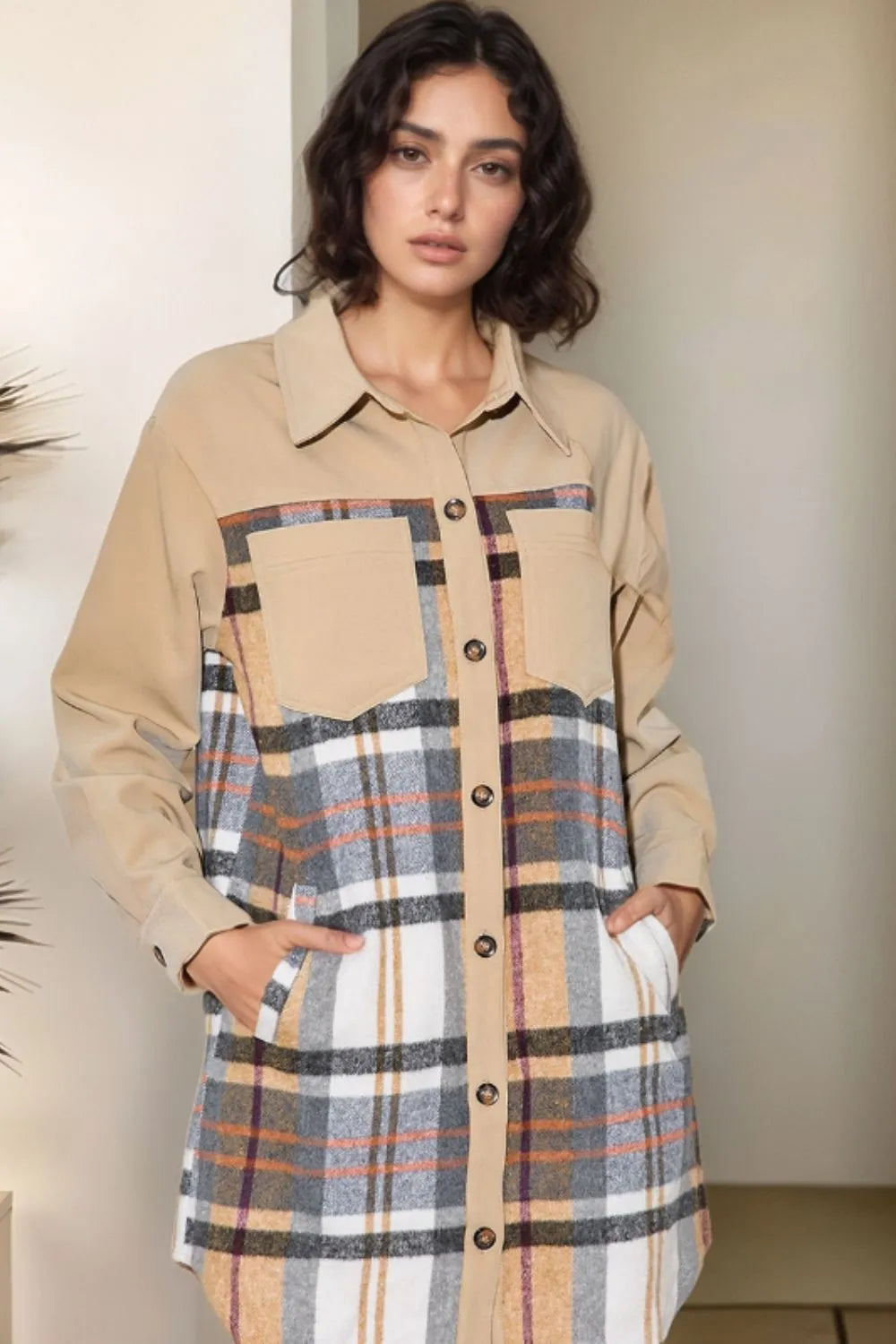 Pocketed Plaid Long Sleeve Mini Shirt Dress - Khaki