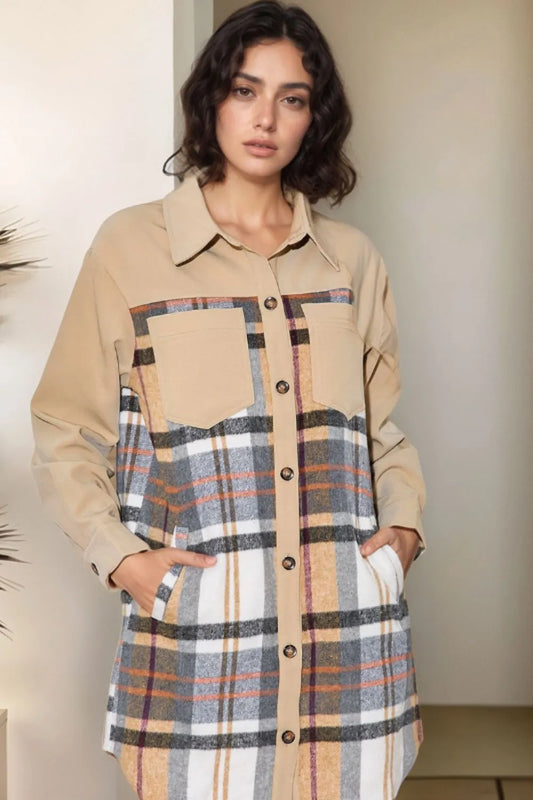 Pocketed Plaid Long Sleeve Mini Shirt Dress - Khaki