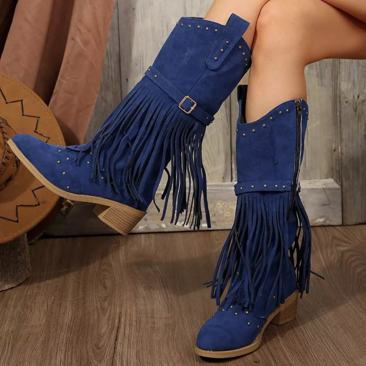 Fringe Point Toe Block Heels Boots - Navy