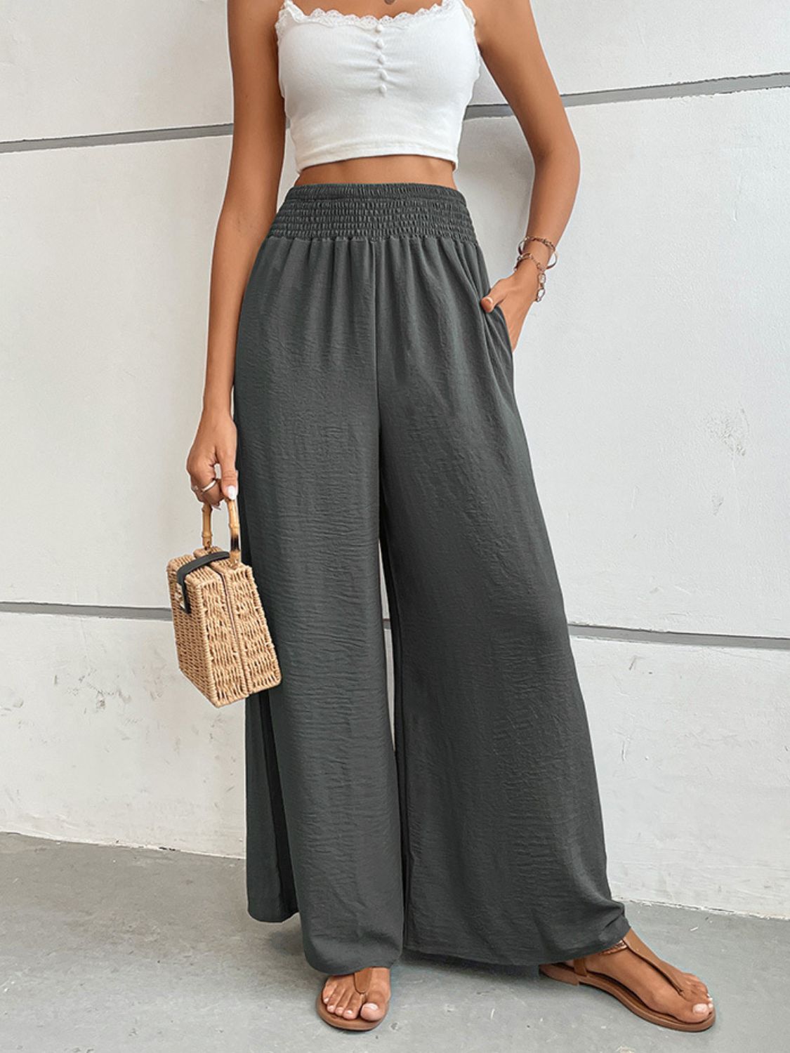 Wide Waistband Relax Fit Long Pants - Dark Gray