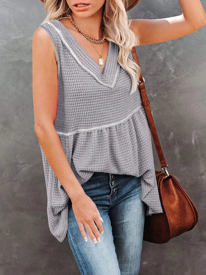 V-Neck Contrast Trim Waffle Knit Tank Top - Gray