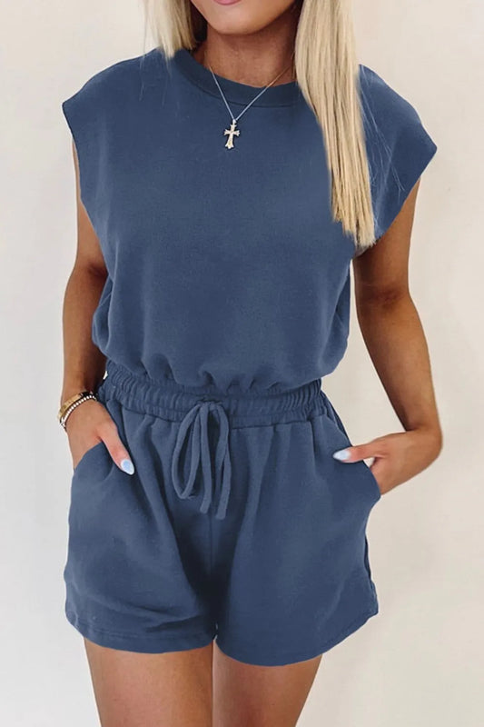 Round Neck Waist Romper - Dusty Blue
