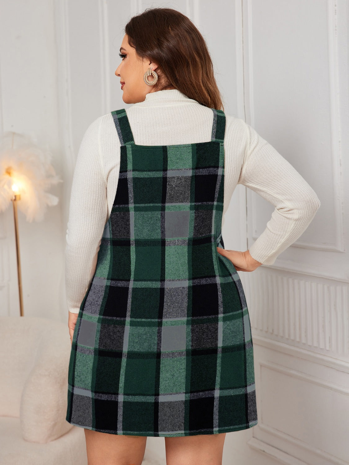 Plus Size Plaid Wide Strap Overall Dress - Dark Green