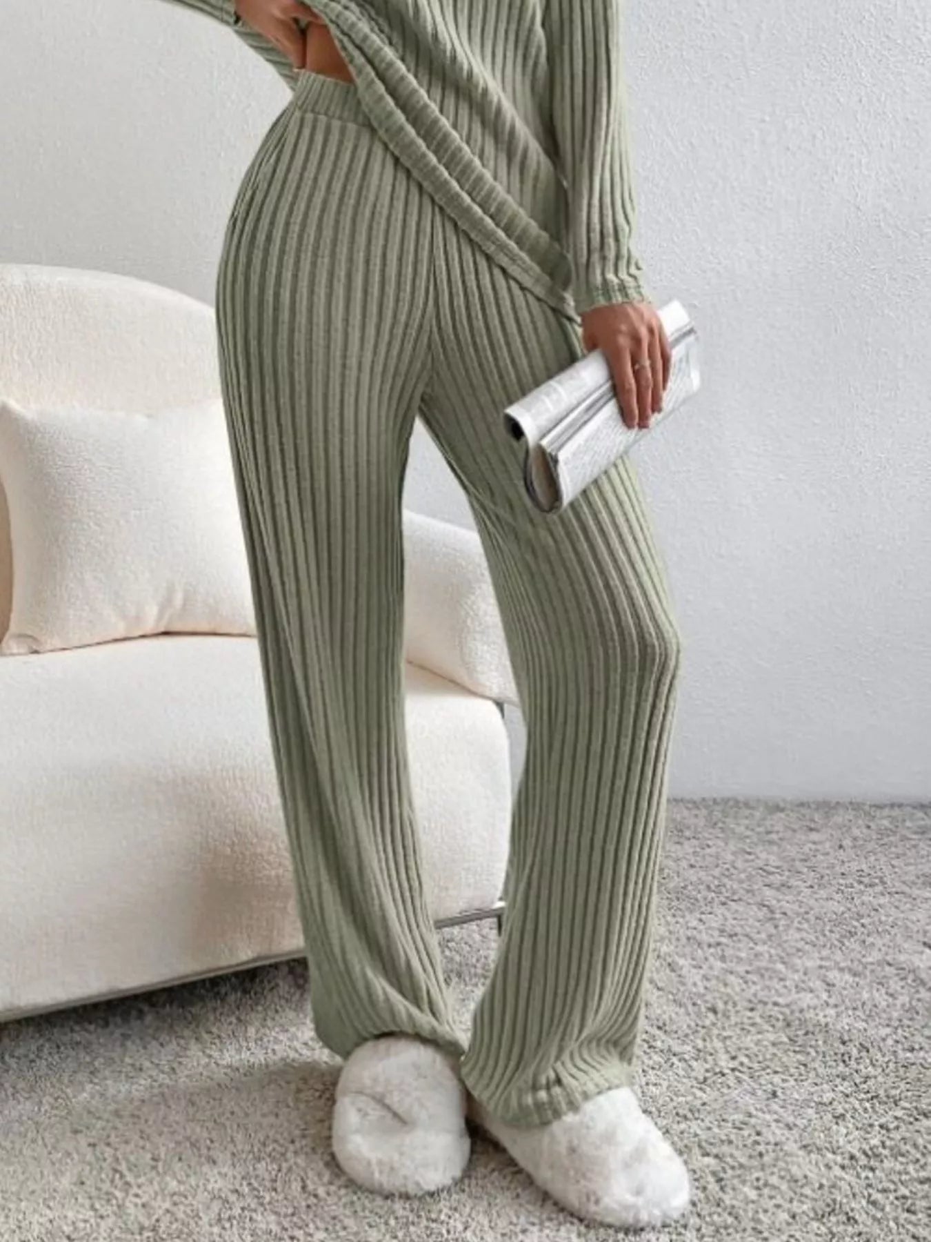 Ribbed Knit V-Neck Top and Pants Set -