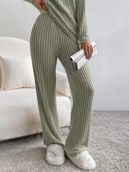 Ribbed Knit V-Neck Top and Pants Set -