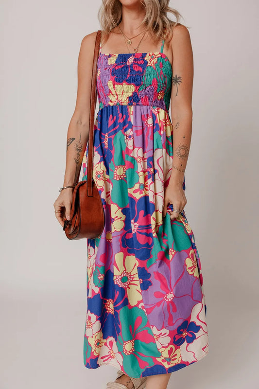 Floral Print Shirred Loose Maxi Dress - Purple