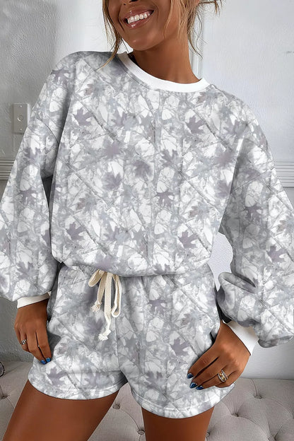 Abstract Camo Print Baggy Pullover Shorts Set - Light Gray