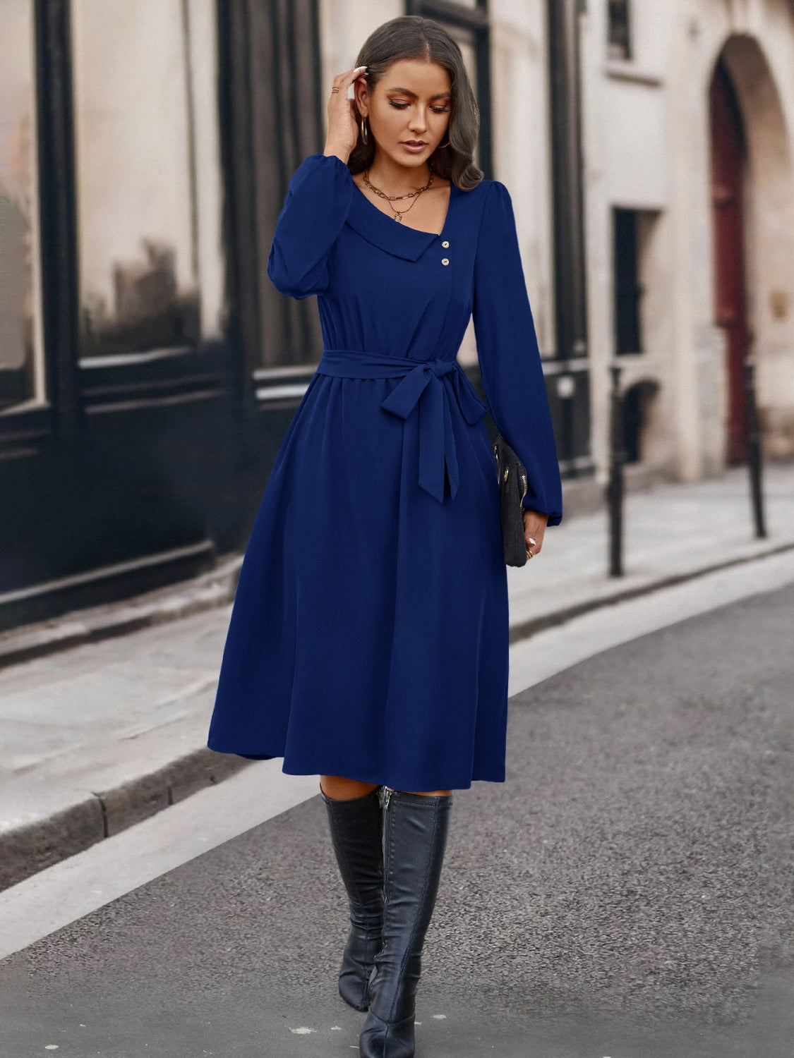 Buttoned Tie Front Long Sleeve Asymmetrical Neck Dress | AdoreStarr