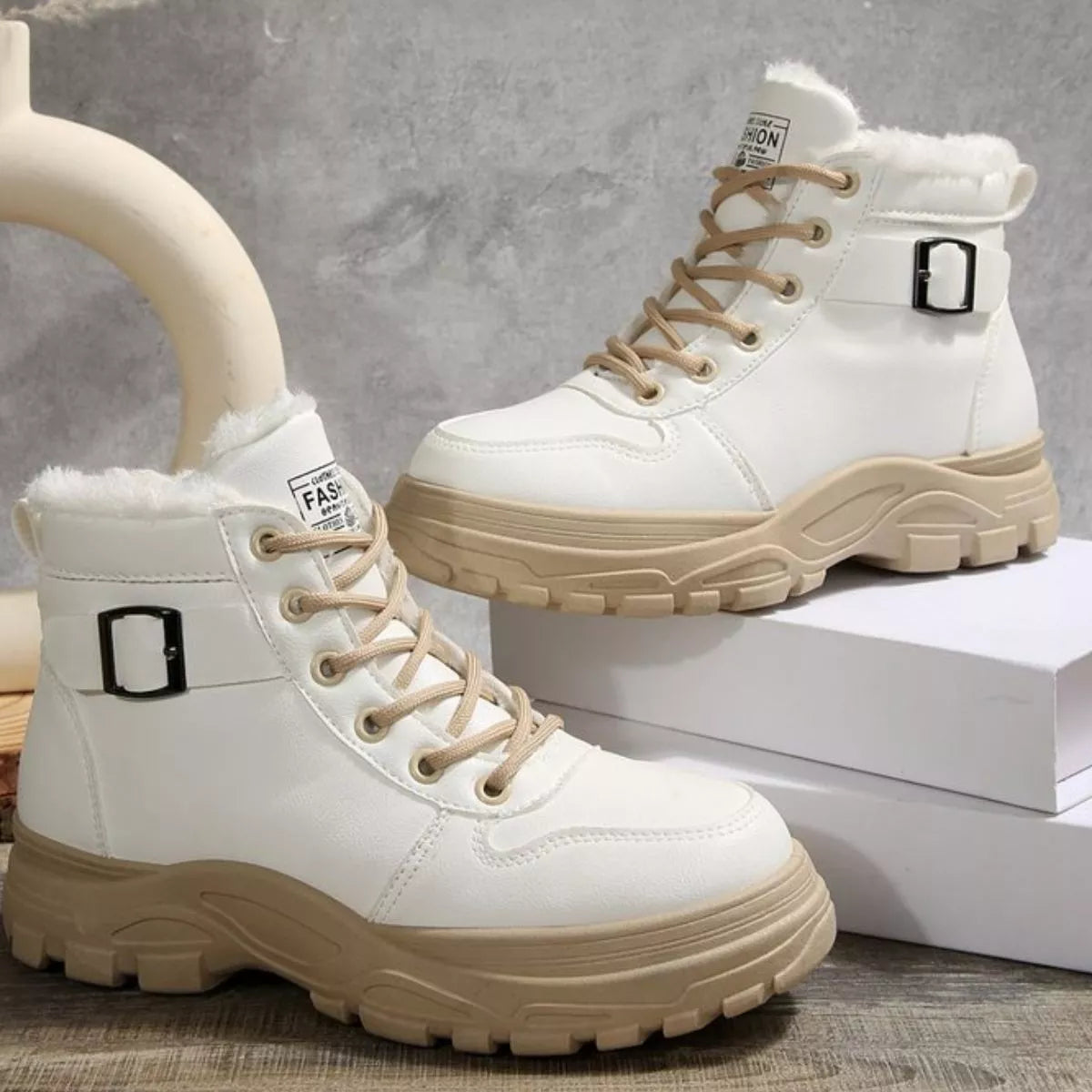 Warm Lined Ankle Boots with Buckle Detail - White