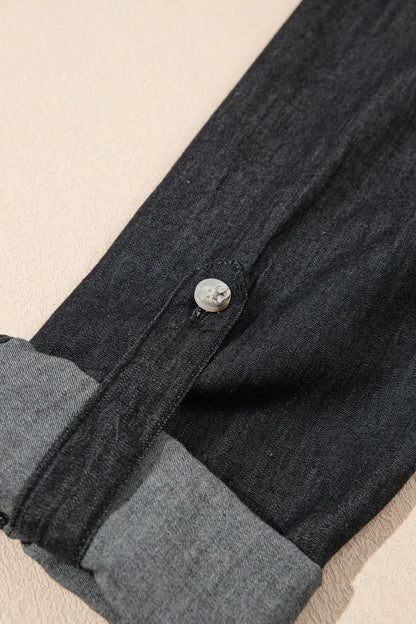 Collared Neck Long Sleeve Denim Top -