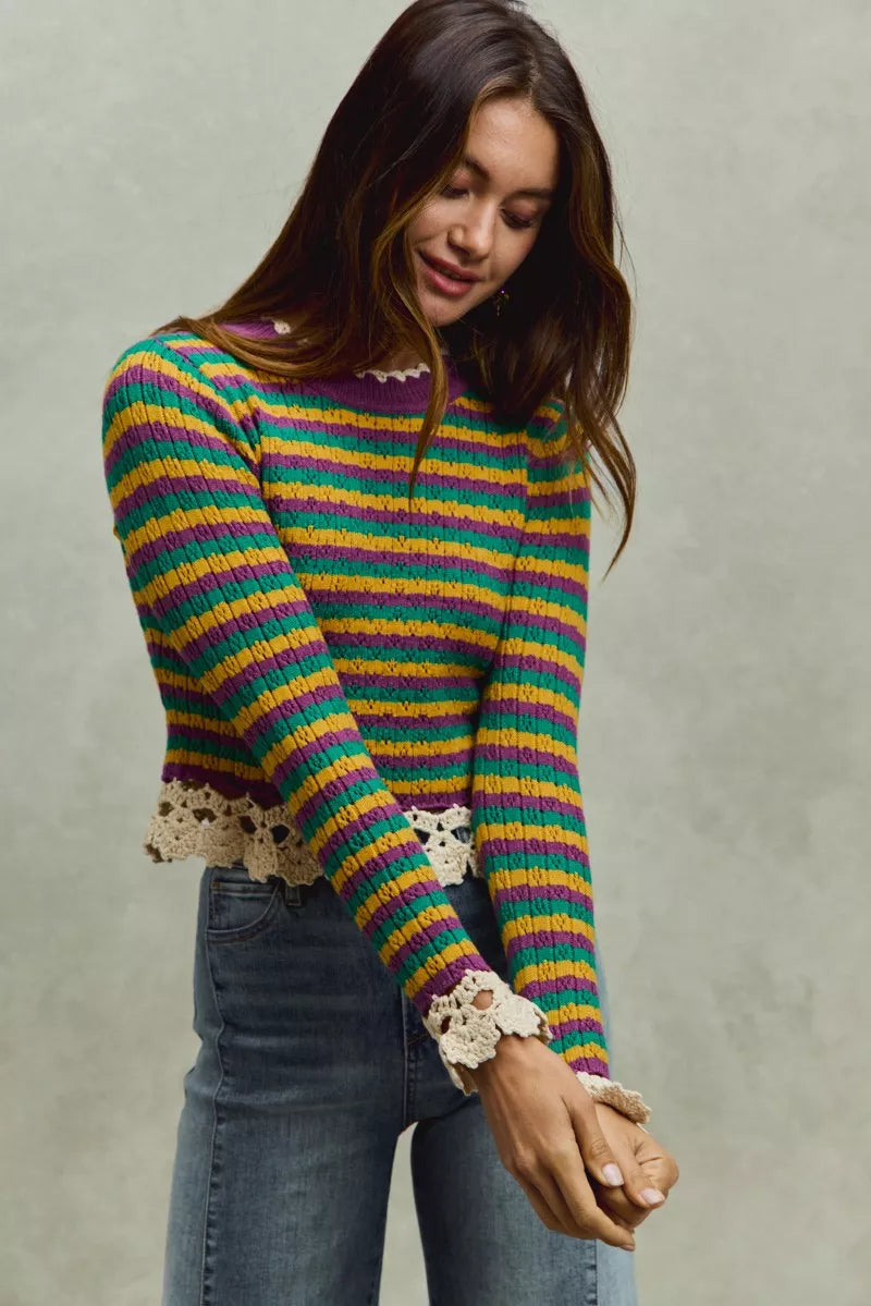 Mardi Gras Striped Cropped Knit Top -