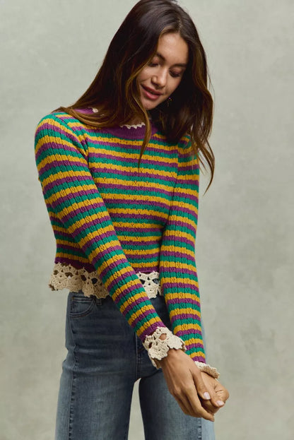 Mardi Gras Striped Cropped Knit Top -