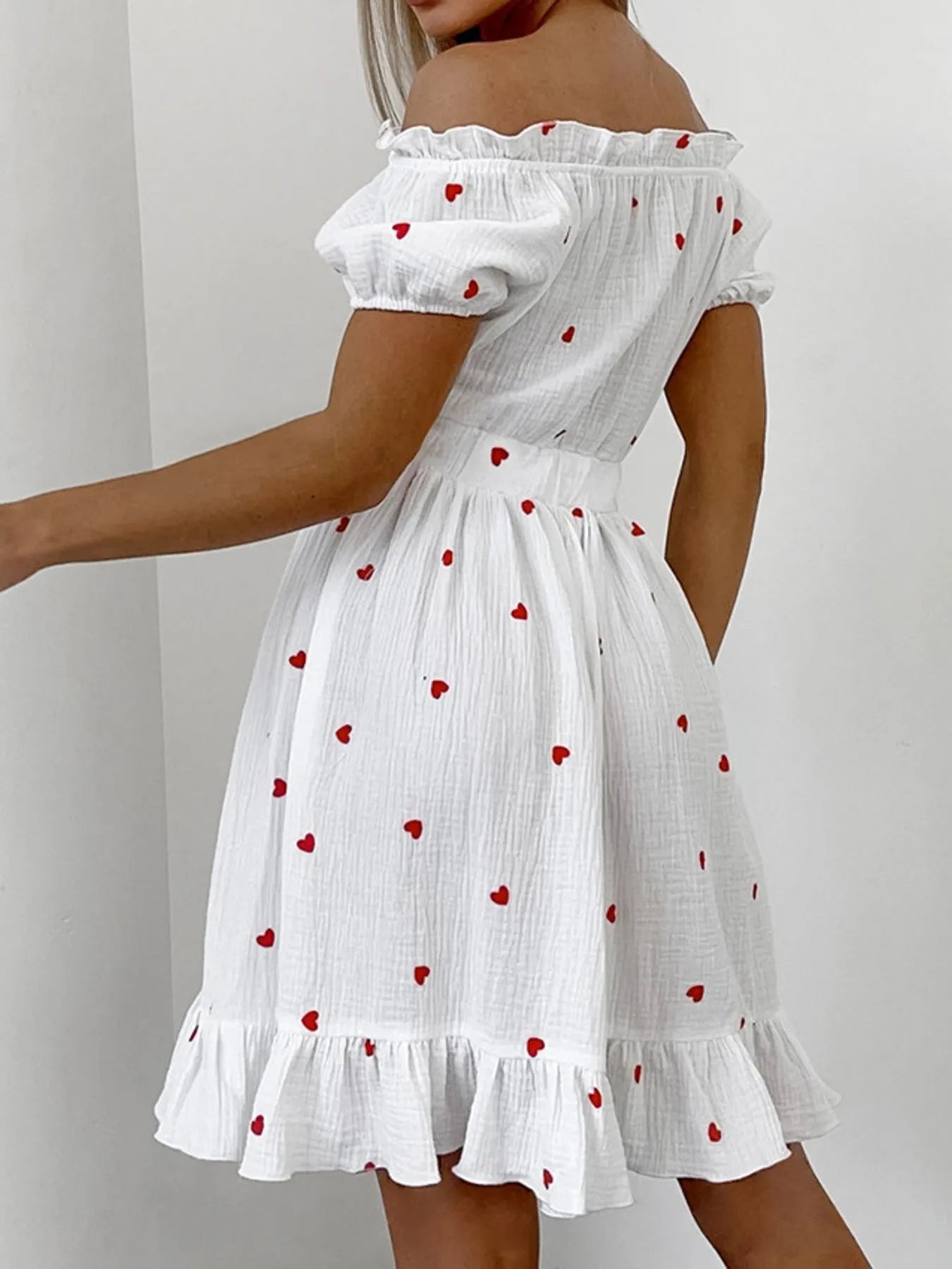 Heart Printed Off-Shoulder Ruffle Mini Dress -