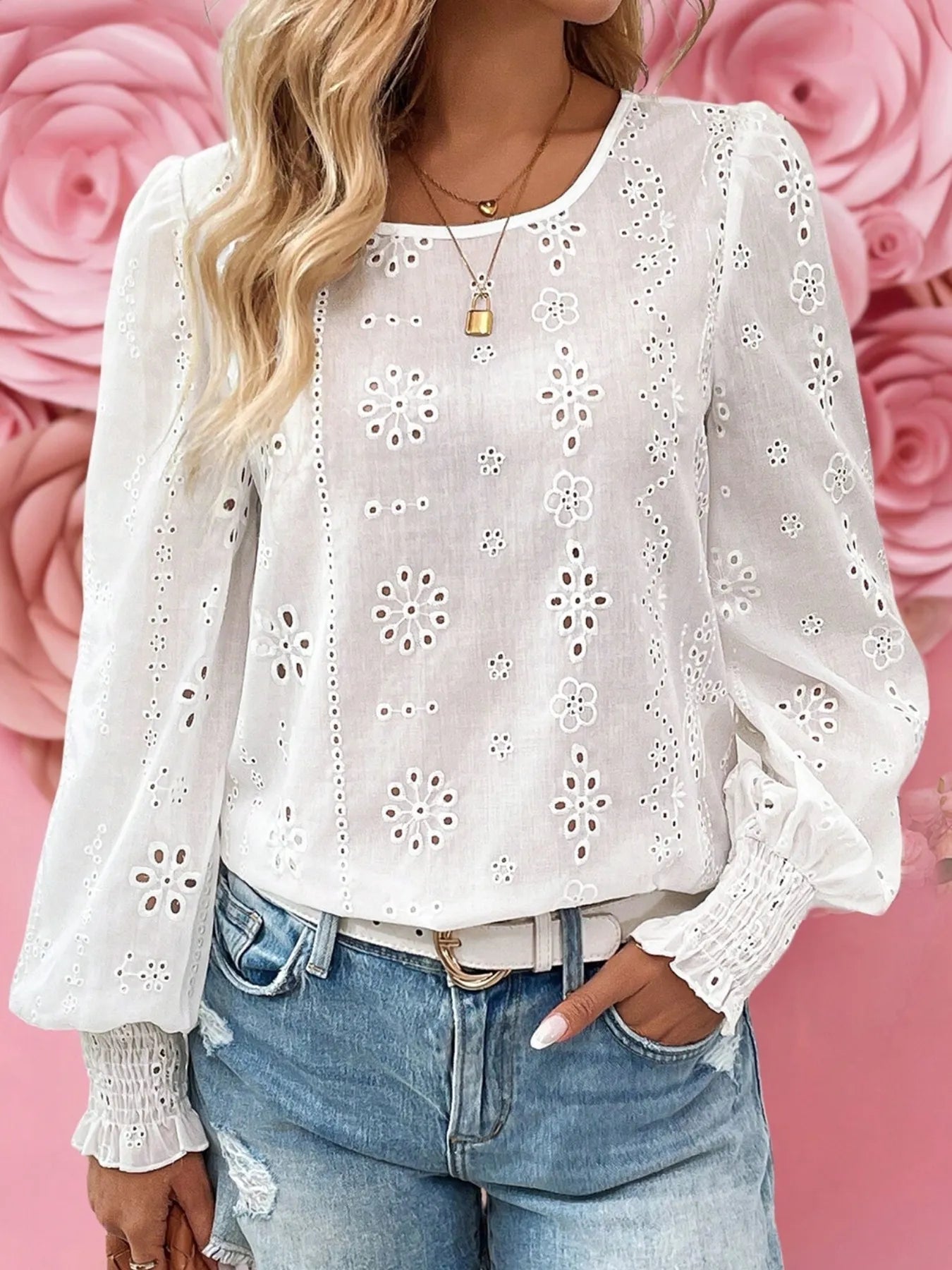 Eyelet Long Sleeve Blouse -