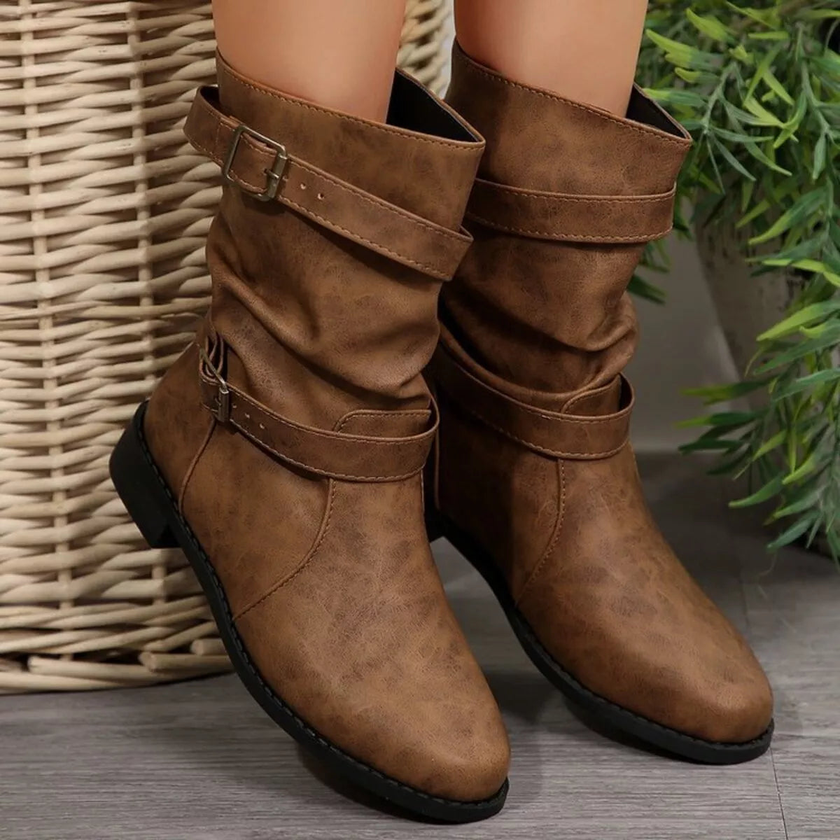 Buckled Low Heel Boots - Caramel