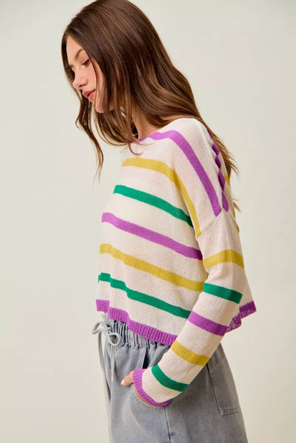 Mardi Gras Color Stripe Lightweight Sweater Top -