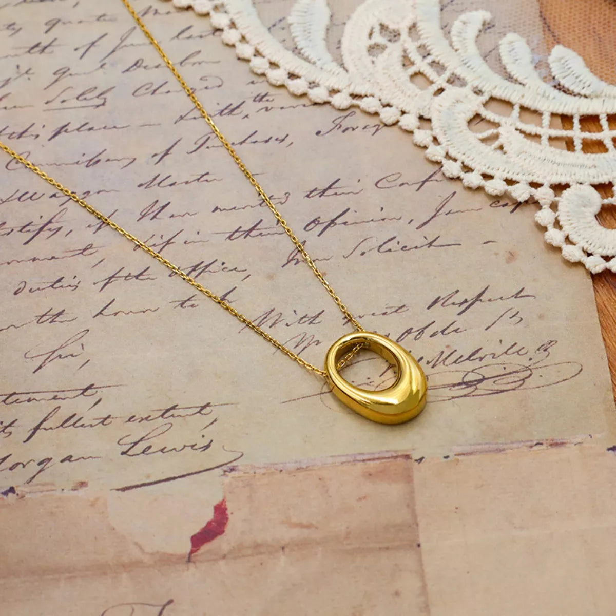 Gold-Plated Oval Pendant Necklace -