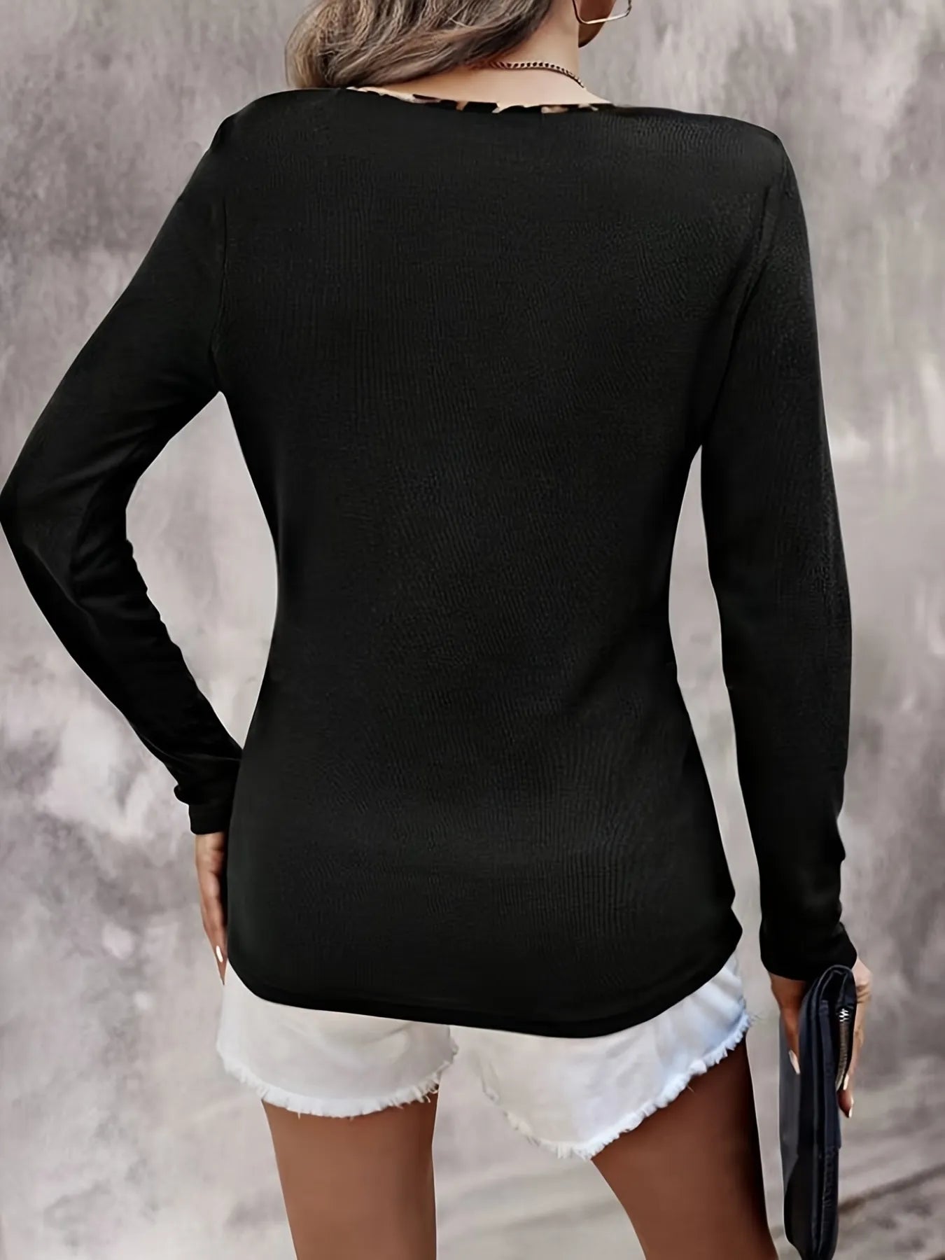 Leopard Trim Long Sleeve T-Shirt -