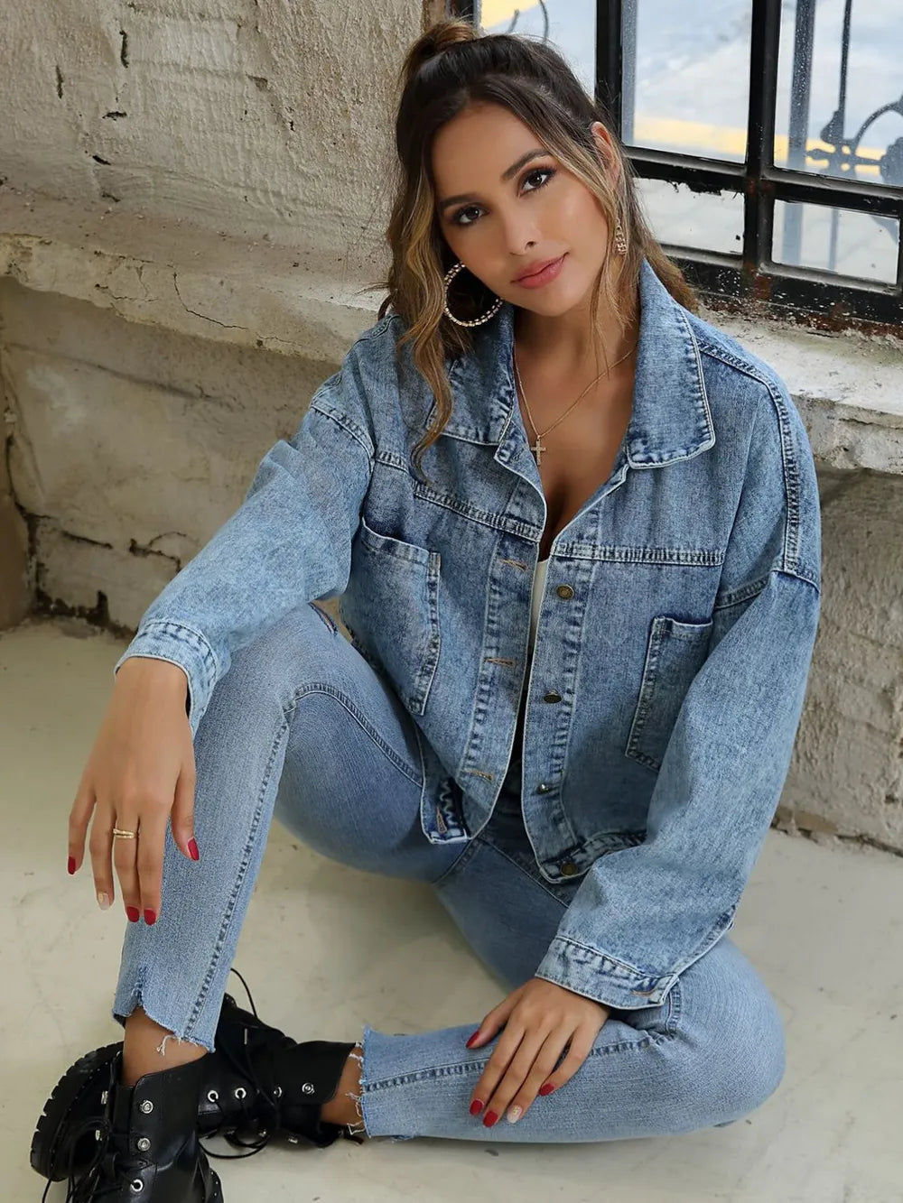 Button Down Drop Shoulder Denim Jacket -