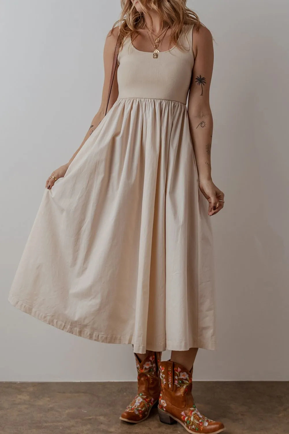 Scoop Neck Ribbed Bodice Midi Tank Dress - Beige