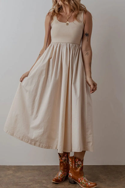 Scoop Neck Ribbed Bodice Midi Tank Dress - Beige