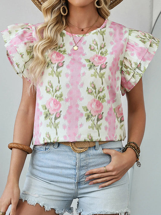 Floral Print Ruffled Sleeve Blouse - Blush Pink