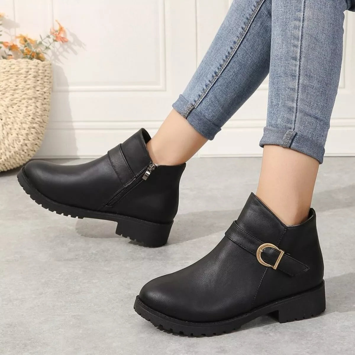 Buckle Accent Ankle Boots - Black