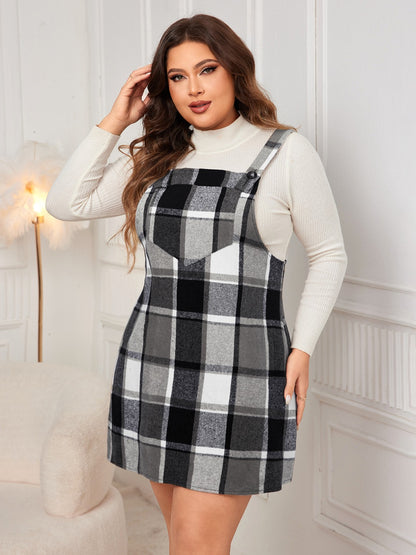 Plus Size Plaid Wide Strap Overall Dress - Black