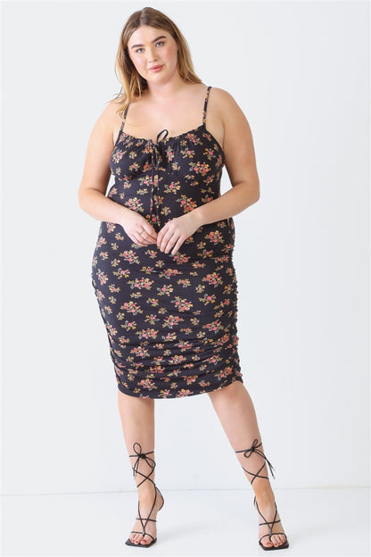 Plus Size Ruched Floral Square Neck Cami Dress - Black