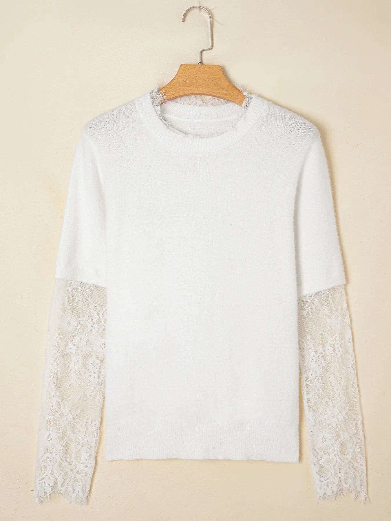 Lace Sleeve Patchwork Faux Fuzzy Sweater -