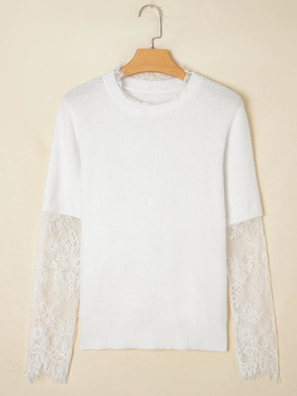 Lace Sleeve Patchwork Faux Fuzzy Sweater -
