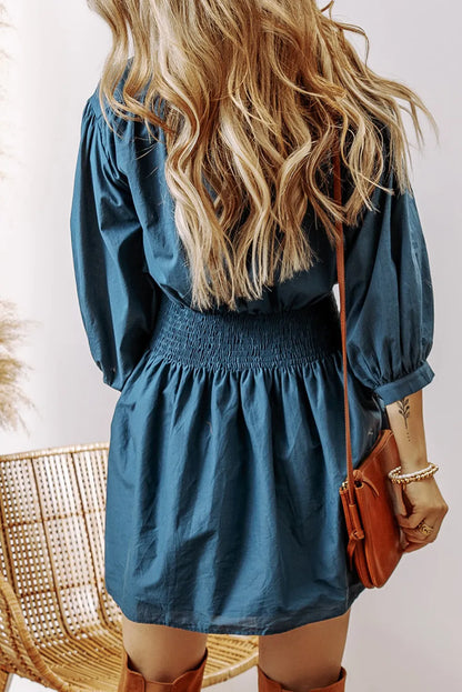 Smocked Half Three-Quarter Sleeve Button Mini Dress