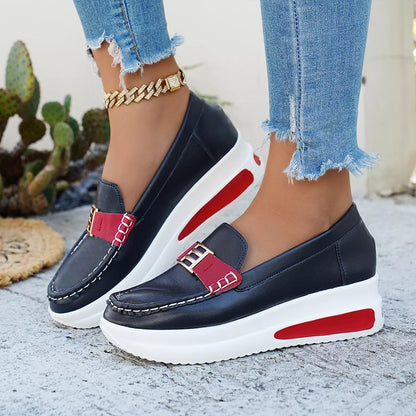 Metal Buckle Round Toe Slip-Ons - Dark Blue