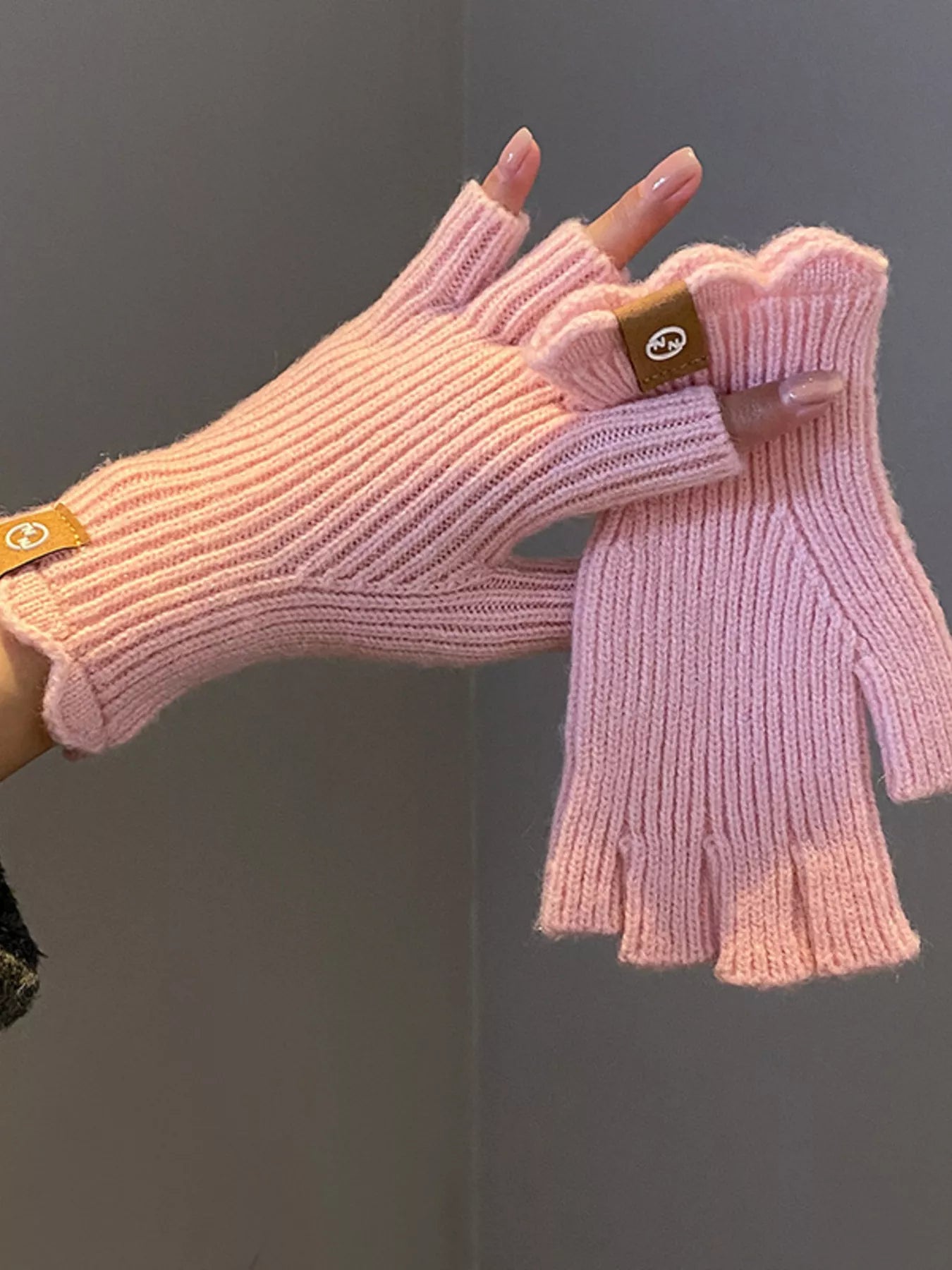 Fingerless Knitted Gloves - Pink One Size