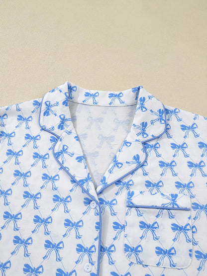 Bow Print Long Sleeve Shirt and Pants Pajama Set -