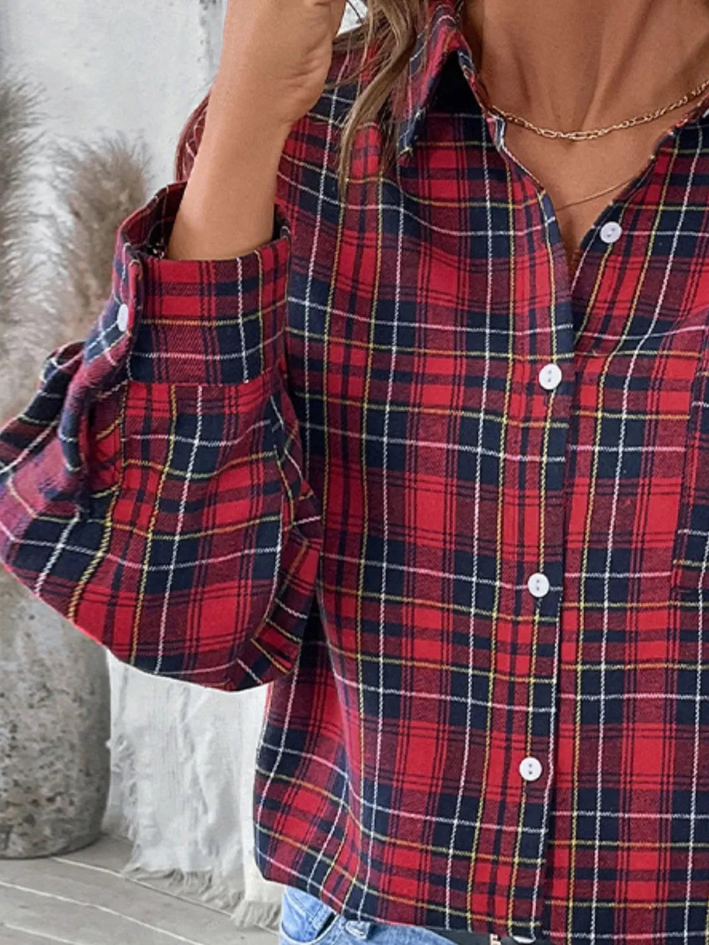 Plaid Button Up Long Sleeve Shirt - Deep Red