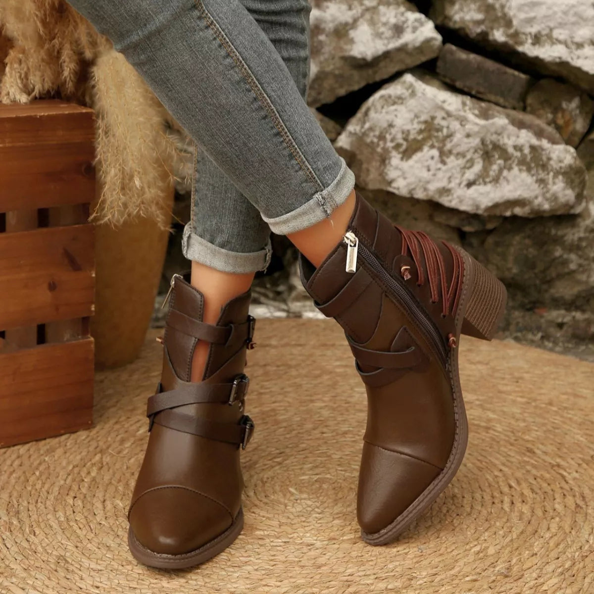 Point Toe Buckle Strap Ankle Boots -