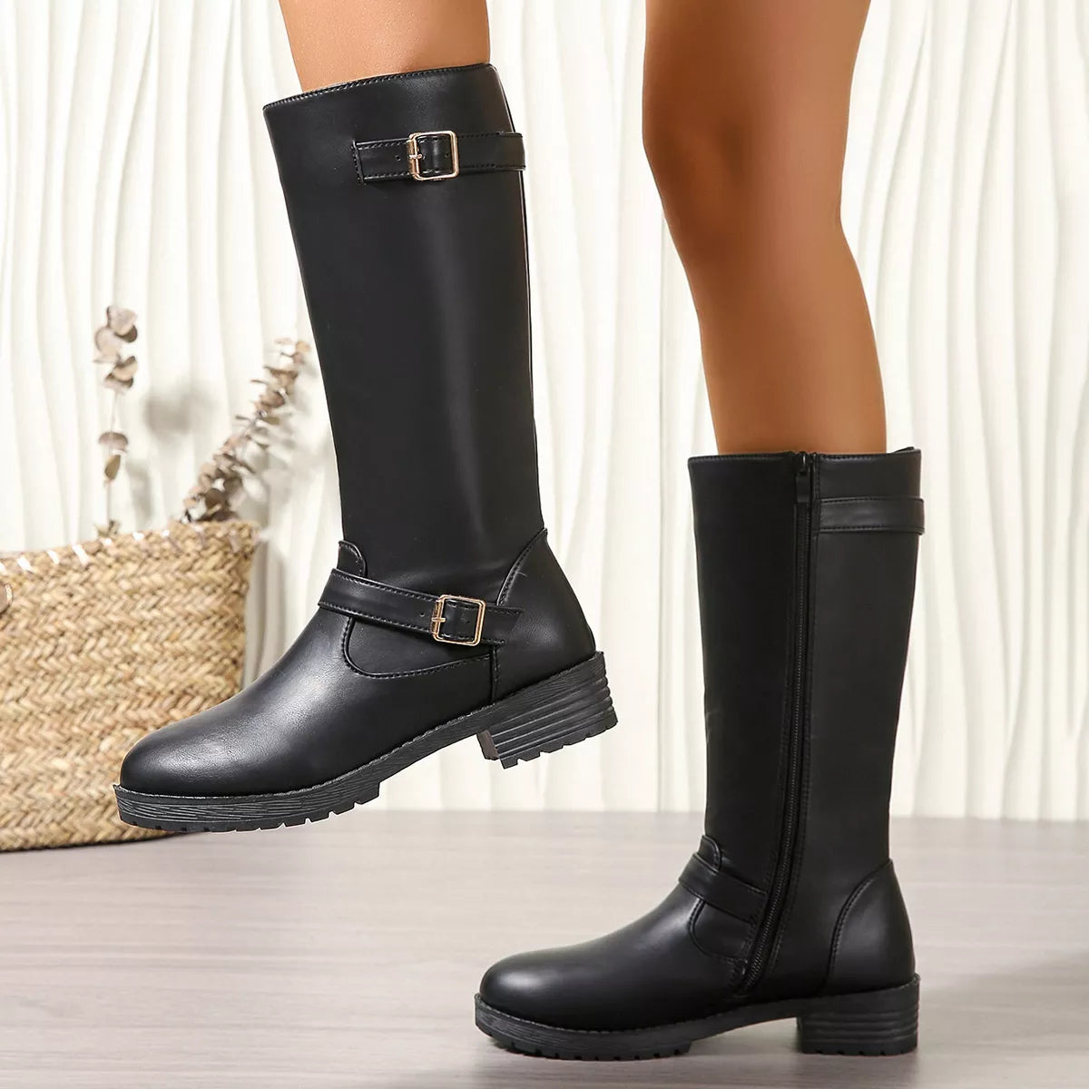 Round Toe Block Heels Boots - Black