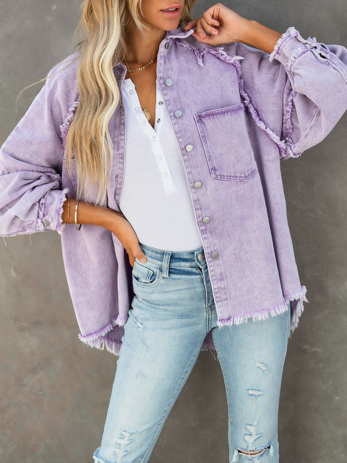 Button Down Raw Hem Denim Jacket - Lavender