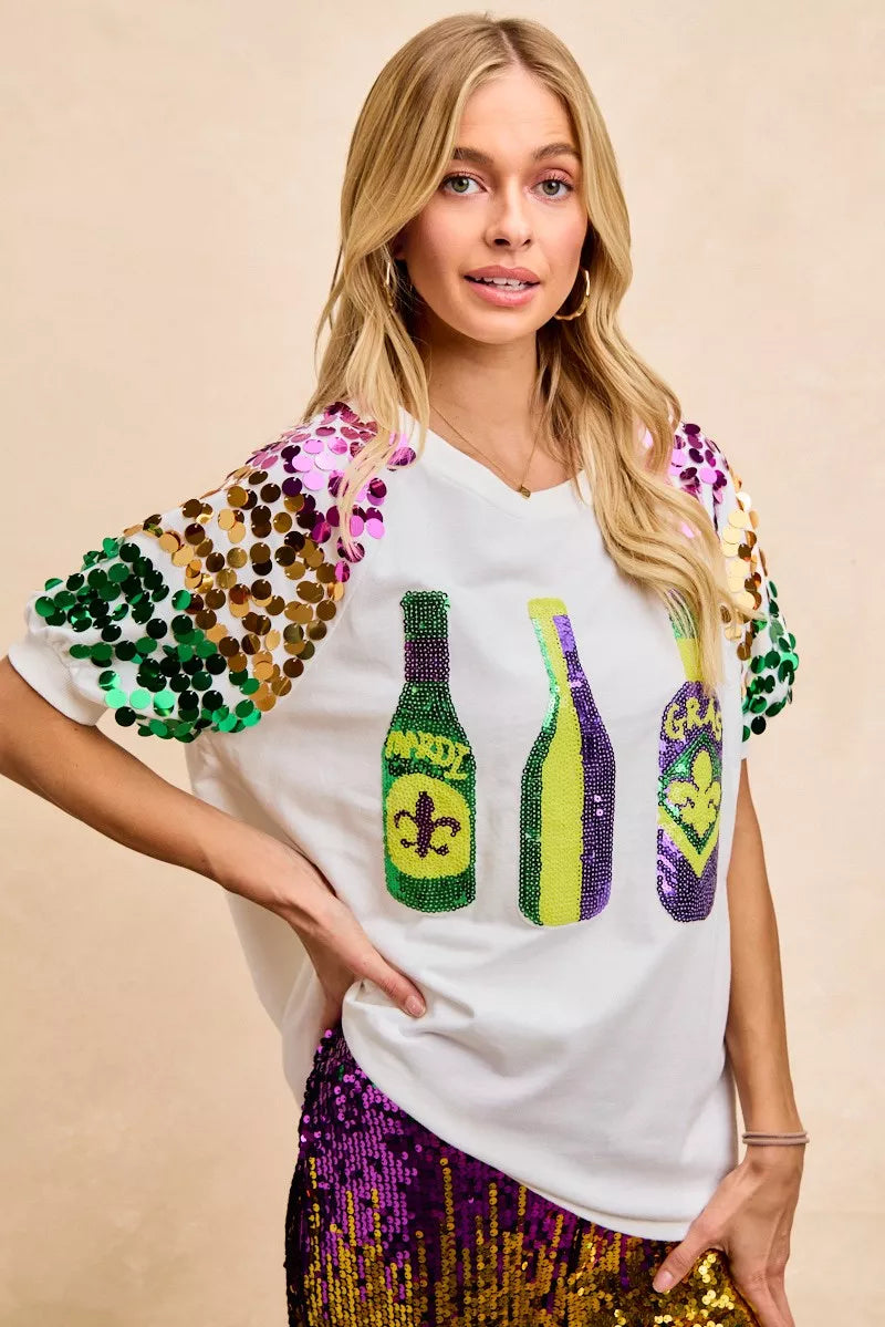 Sequin Mardi Gras Bottles Spangled Sleeve Top -