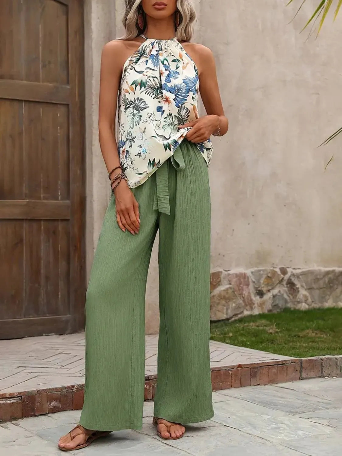 Printed Tank Top and Wide Leg Pants Set - Matcha Green