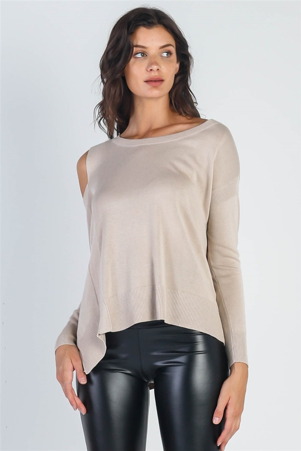 UNIQ Cold Shoulder Long Sleeve Knit Top - Beige