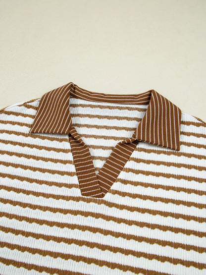 Stripe Collared Top and Drawstring Pant Set -